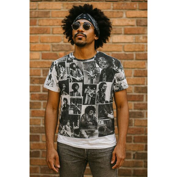 Jimi Hendrix Black White Graphic Photos T Shirt Tee Top Mens Size Large - Picture 1 of 7